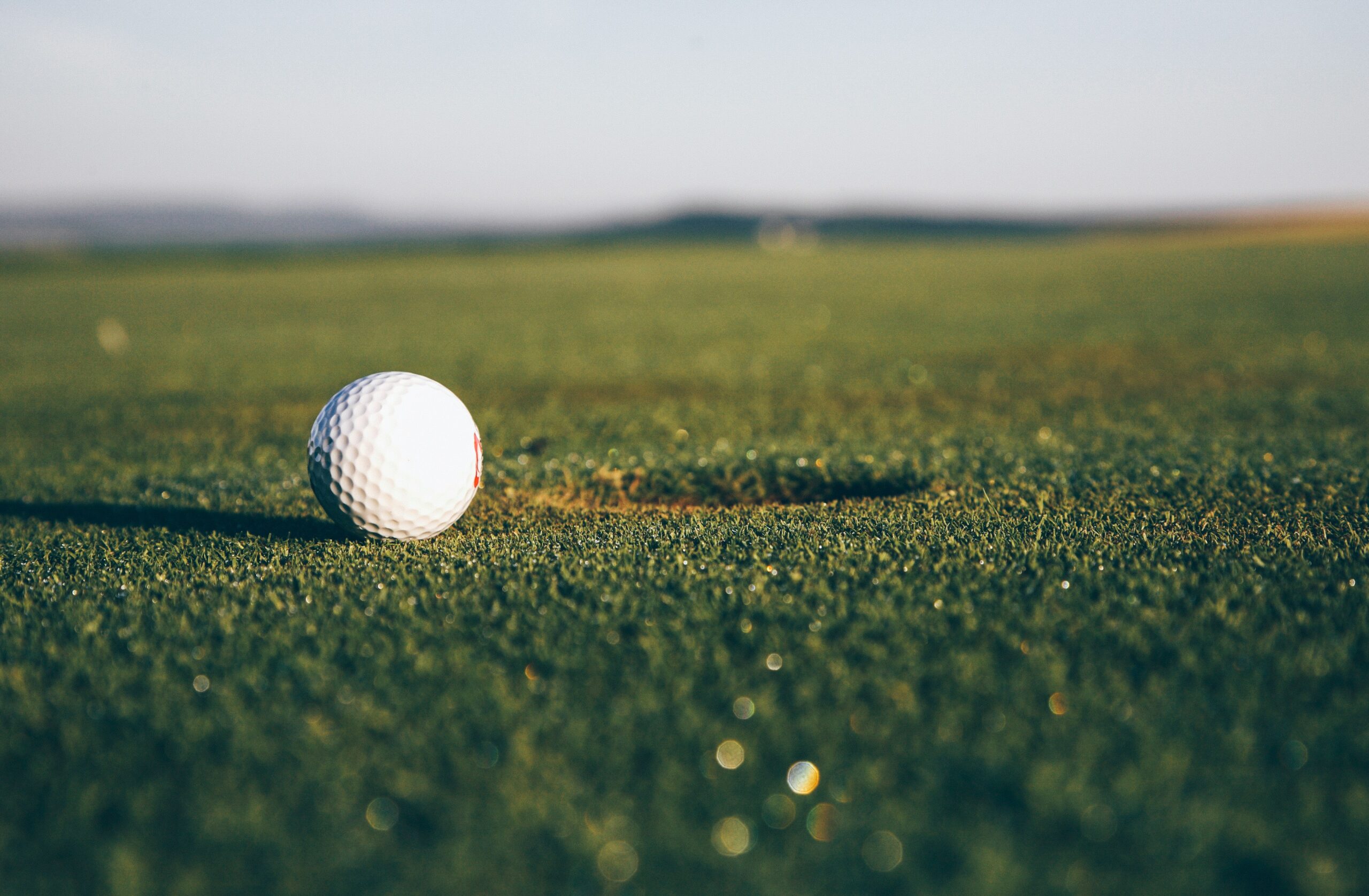 A golf ball sitting right next to a hole