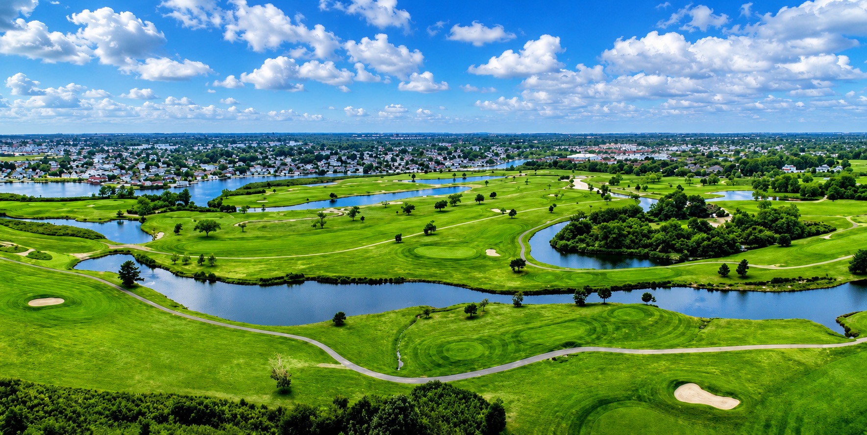 An aerial view of Santapogue Creek Golf Course showing ponds, the greens, the sky, and the houses in the background.